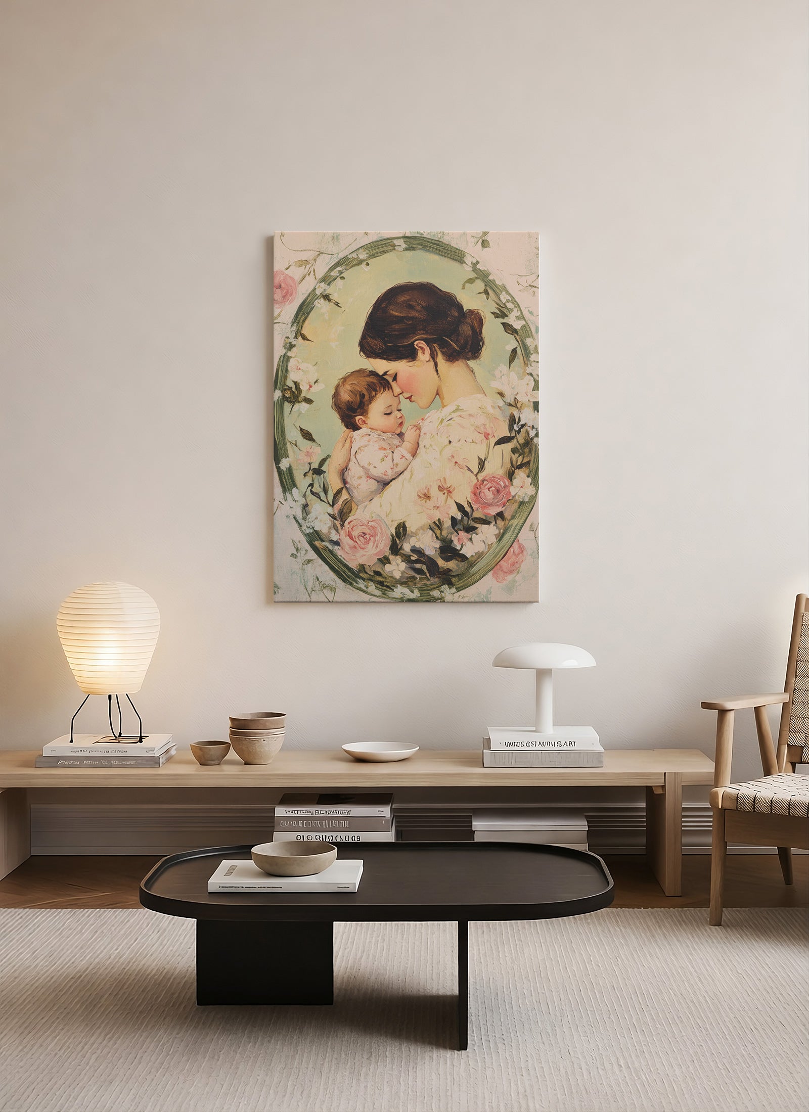 Anne ve Bebek Sarılışı Vintage Kanvas Tablo