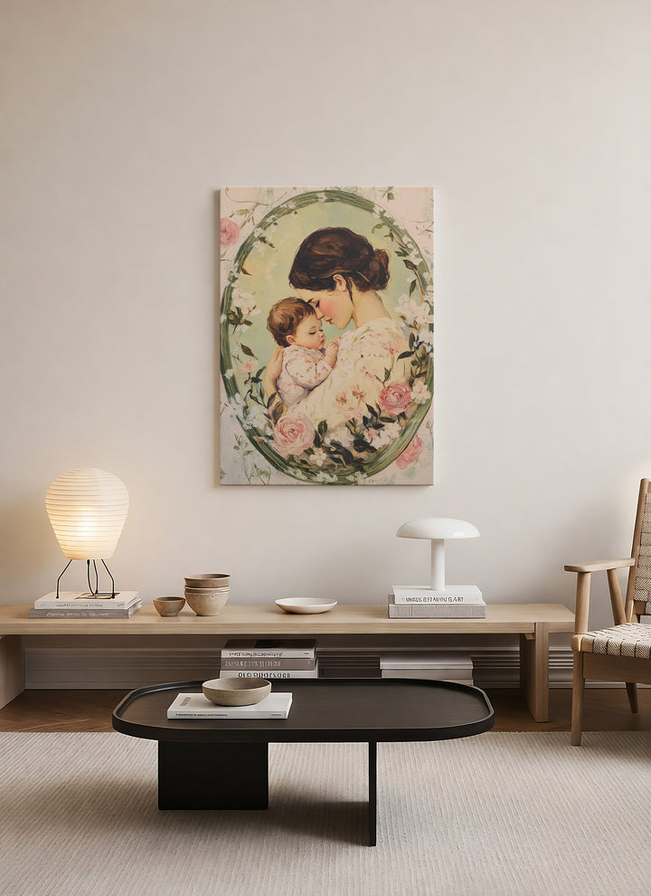 Anne ve Bebek Sarılışı Vintage Kanvas Tablo