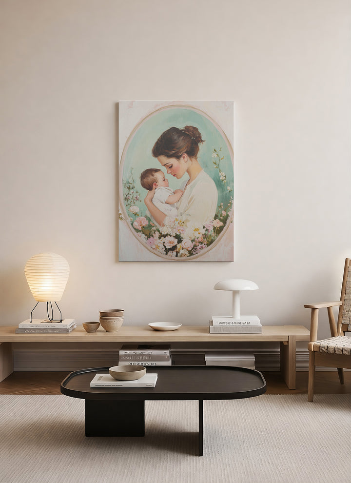 Anne ve Bebek Temalı Romantik İllüstrasyon Kanvas Tablo