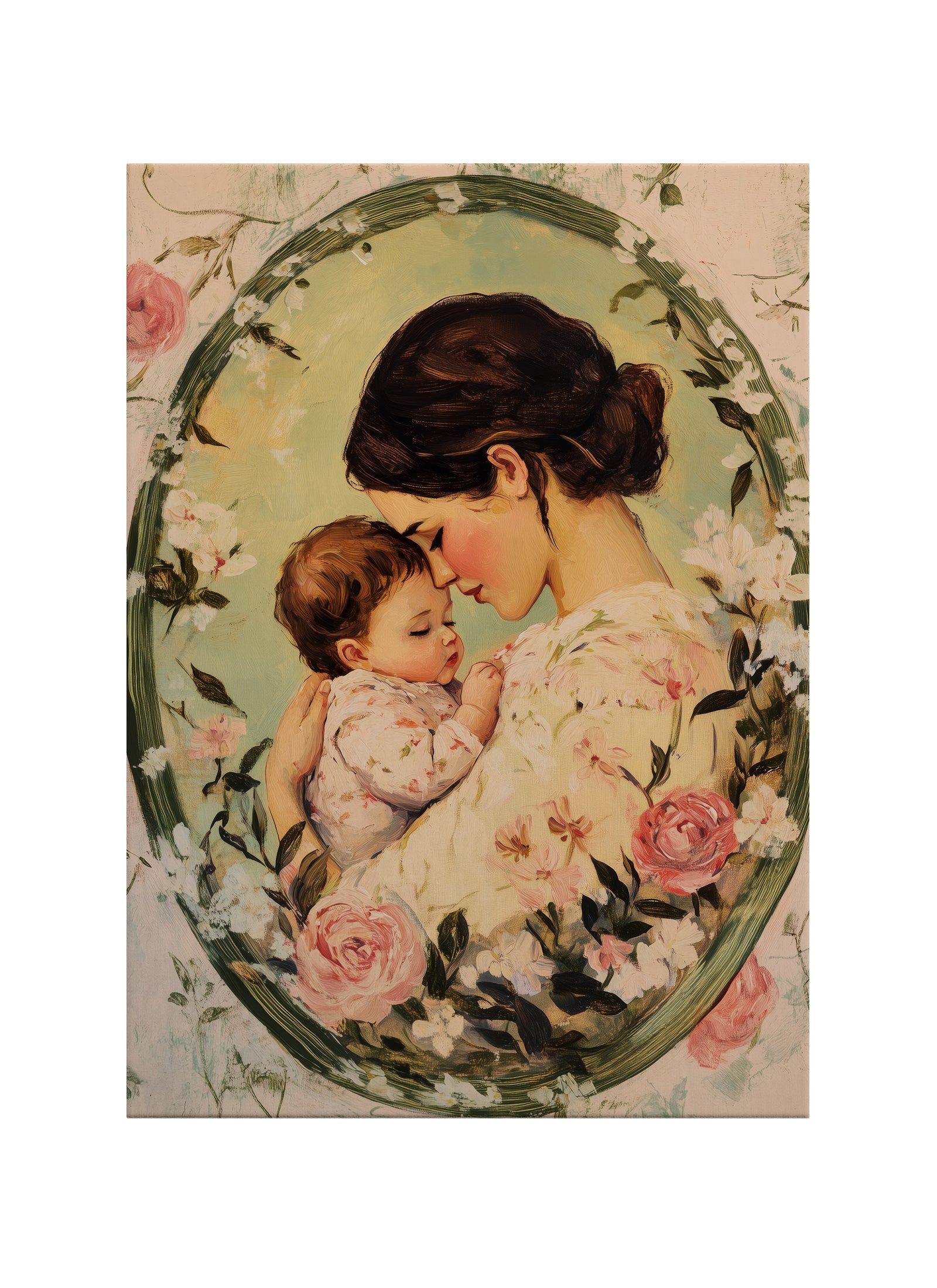 Anne ve Bebek Sarılışı Vintage Kanvas Tablo