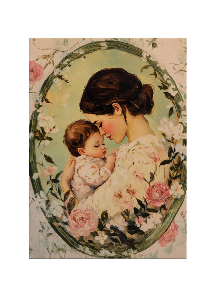 Anne ve Bebek Sarılışı Vintage Kanvas Tablo