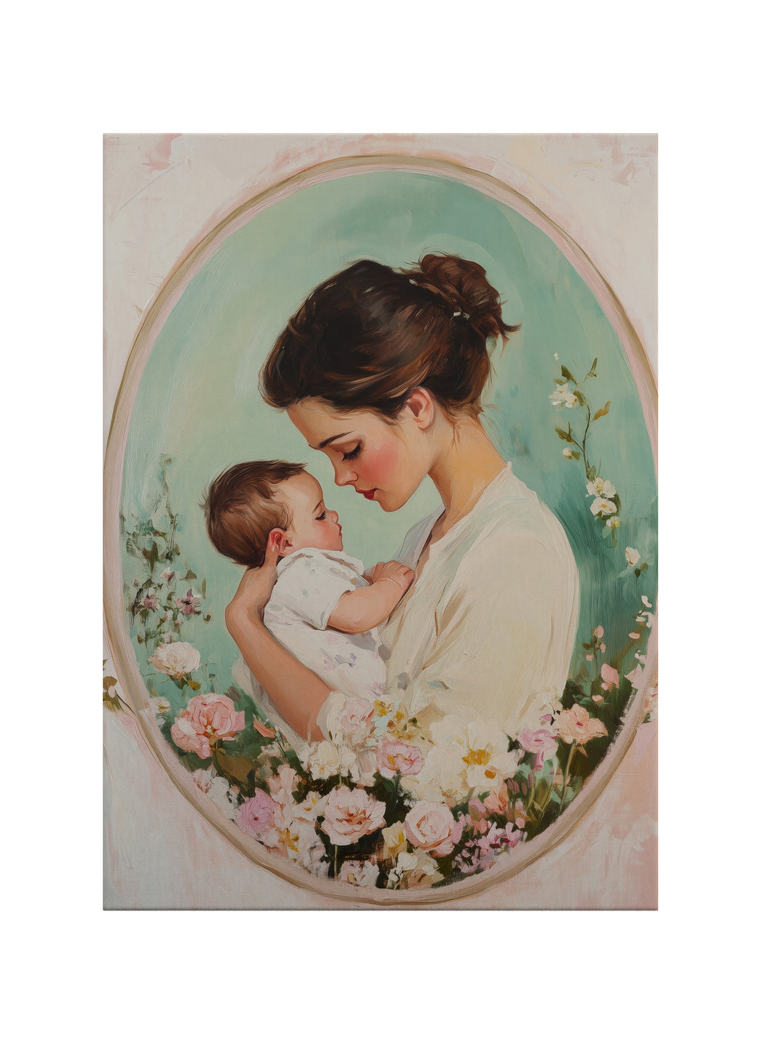 Anne ve Bebek Temalı Romantik İllüstrasyon Kanvas Tablo