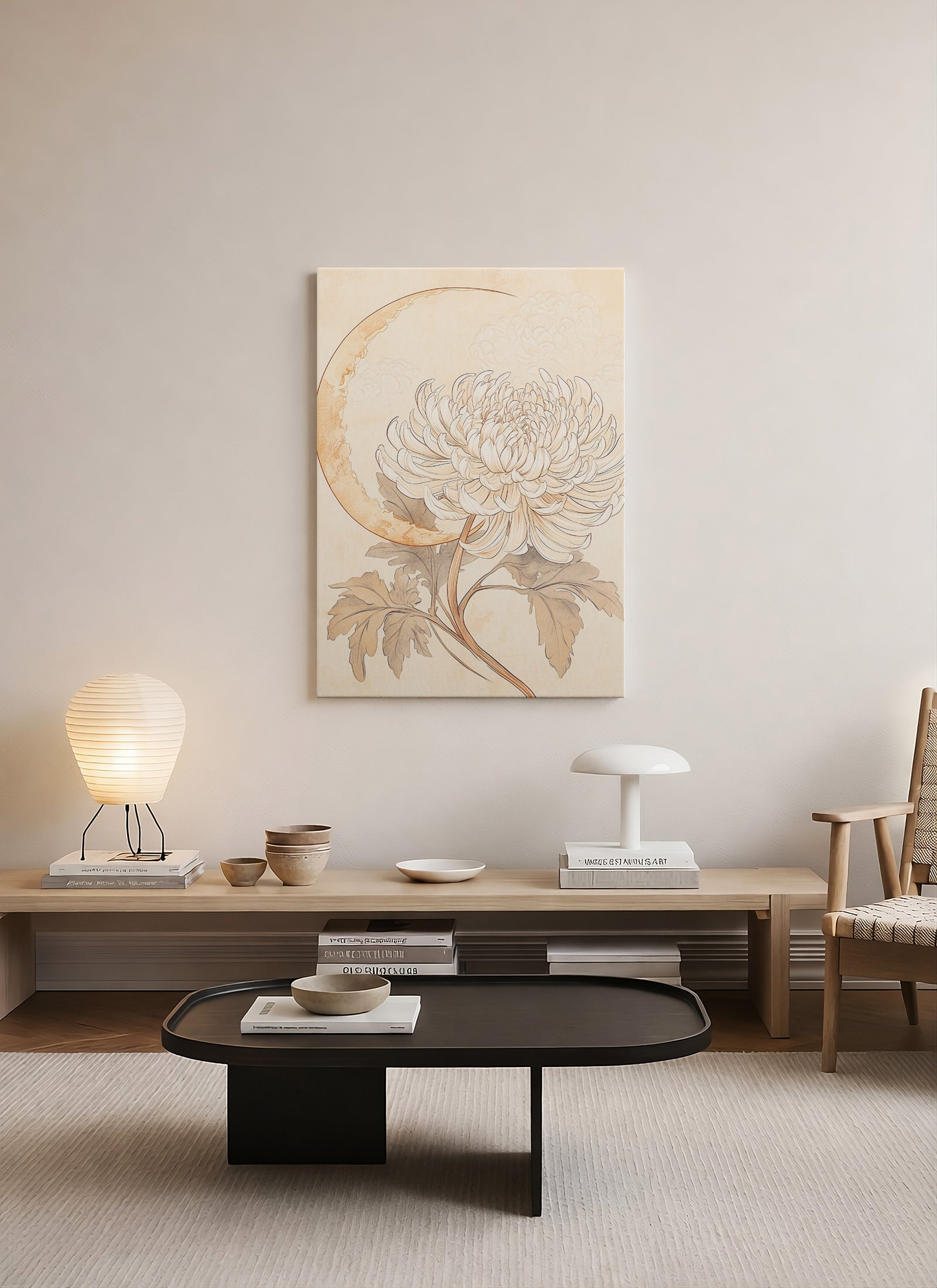 Ay ve Krizantem Motifli Minimalist Botanik Kanvas Tablo