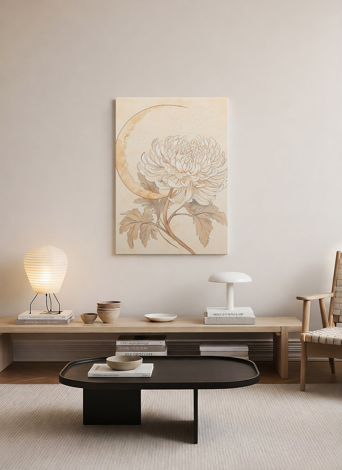 Ay ve Krizantem Motifli Minimalist Botanik Kanvas Tablo