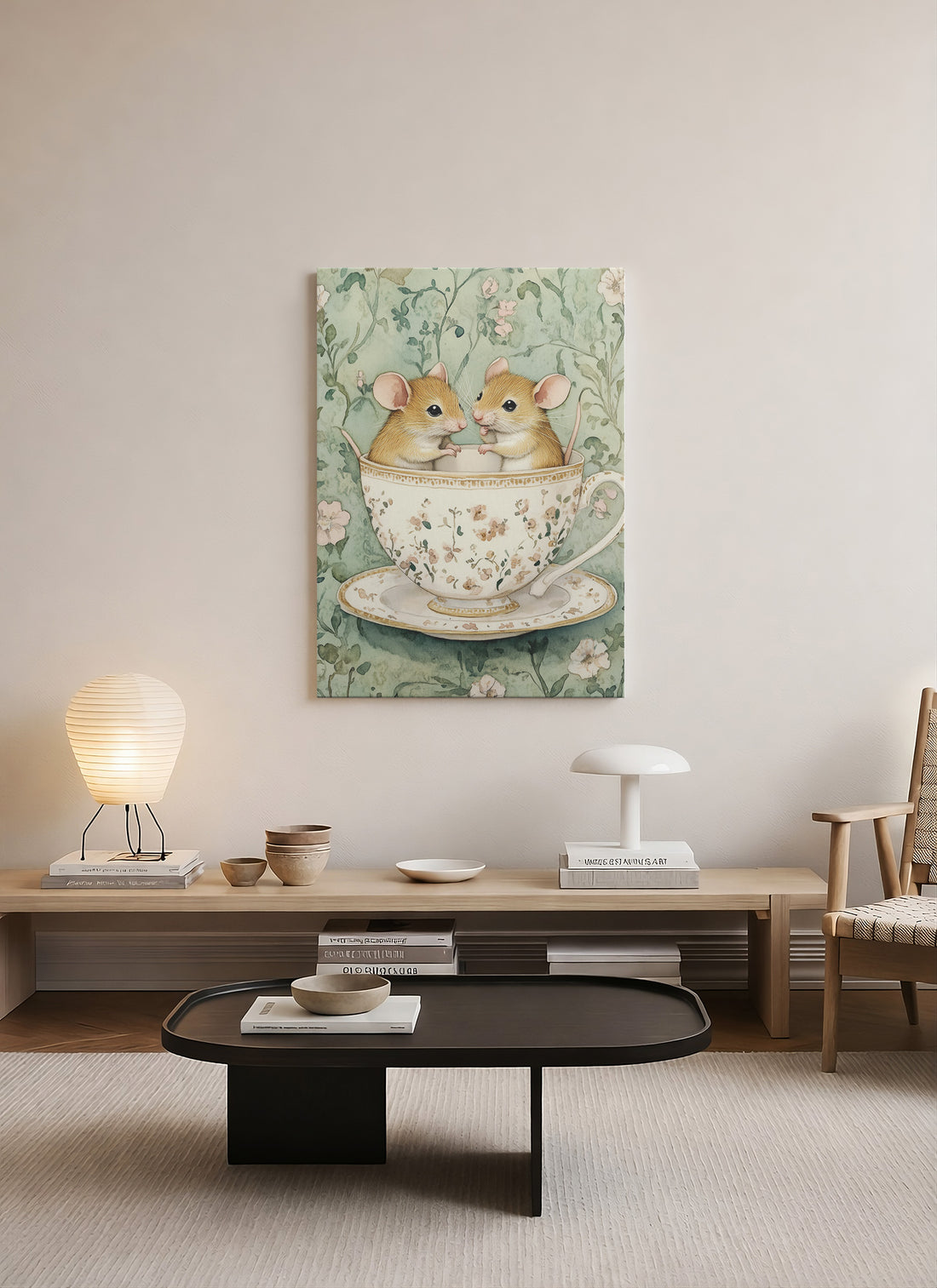 Çay Fincanında Sevimli Fareler – Pastel Tonlu Dekoratif Kanvas Tablo