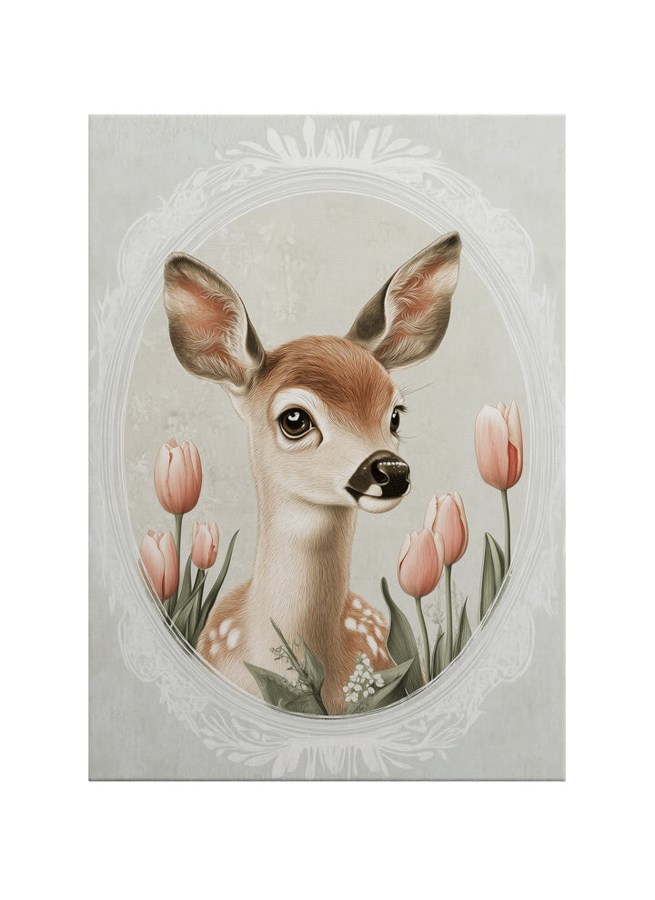 Çerçeve İçinde Sevimli Geyik ve Lale İllüstrasyonlu Kanvas Tablo