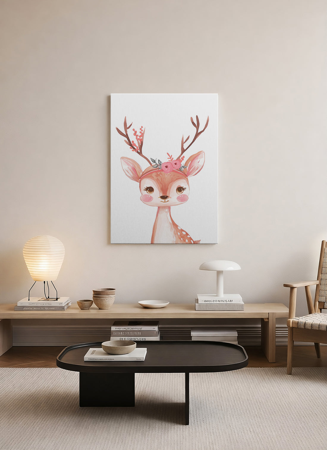 Çiçek Taçlı Geyik – Pembe Nursery Kanvas Tablo