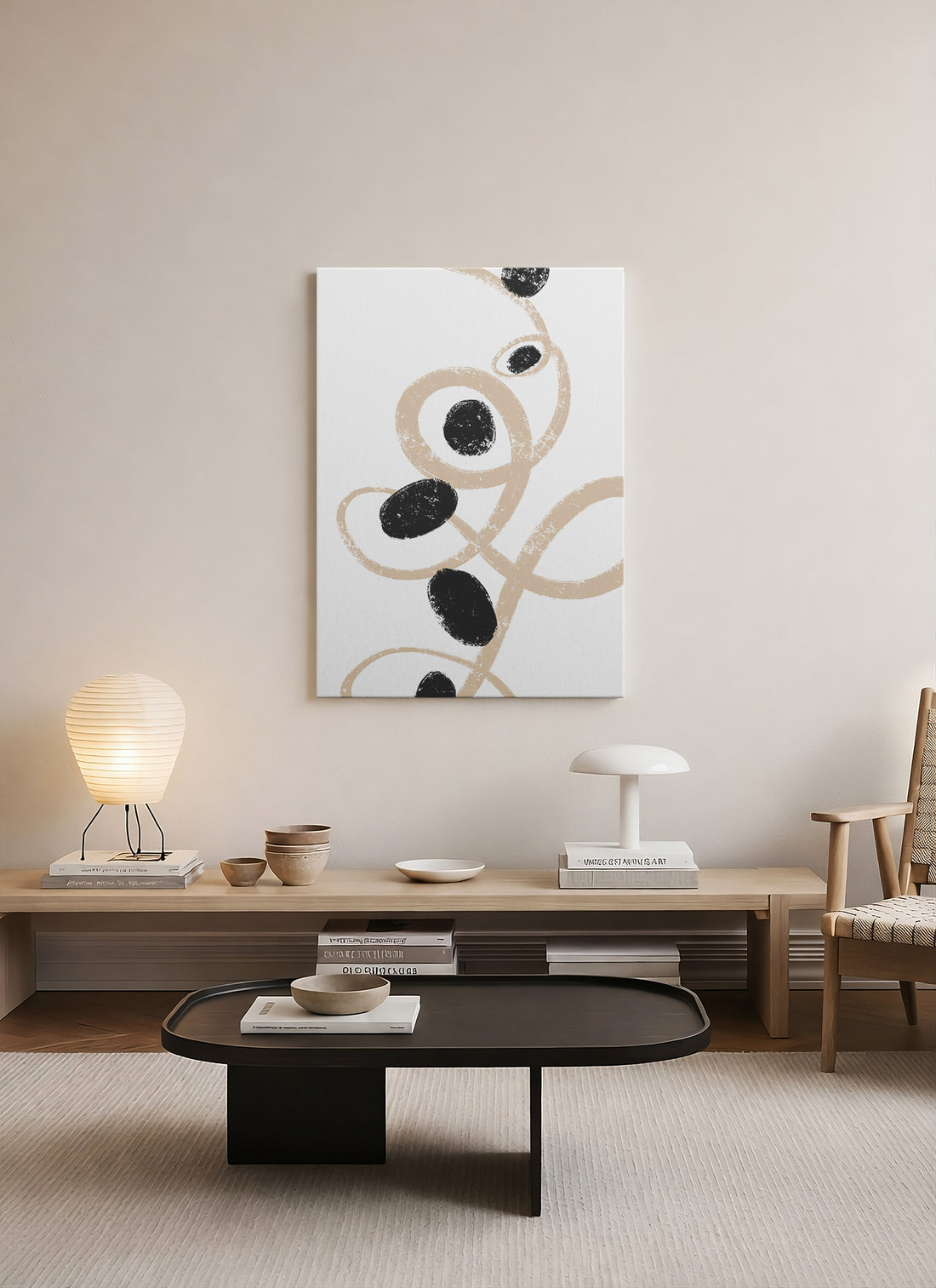 Denge II – Soyut Çizgiler & Siyah Noktalar Minimalist Kanvas Tablo