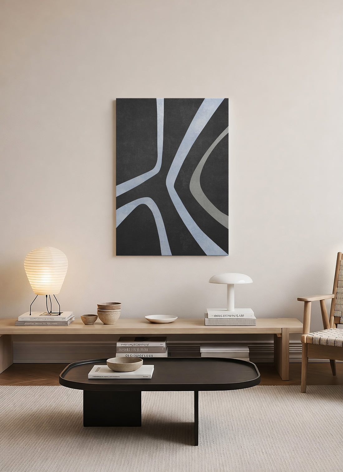 Gece Akışı – Siyah & Soğuk Gri Abstract Minimal Kanvas Tablo