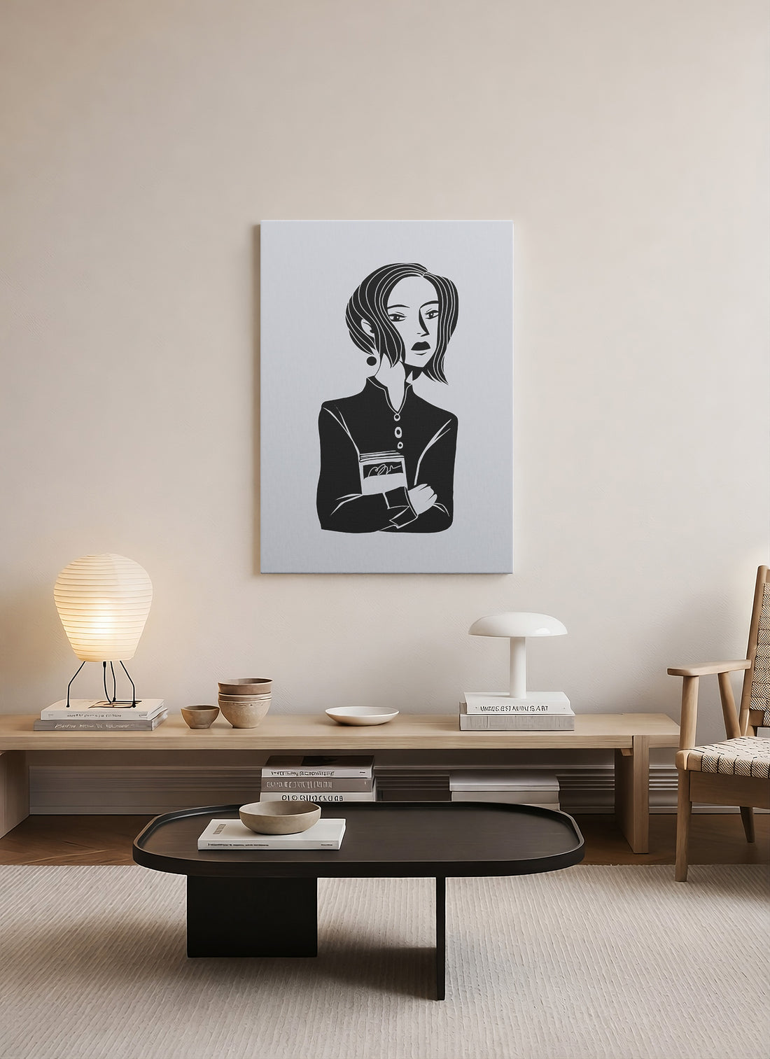 Kitaplı Kadın – Minimal Siyah Beyaz Modern Kanvas Tablo