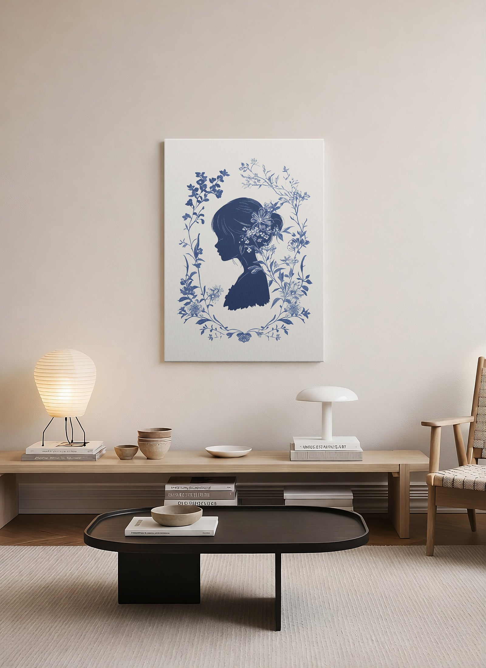 Mavi Siluetli Kadın Figürlü Botanik Line Art Kanvas Tablo