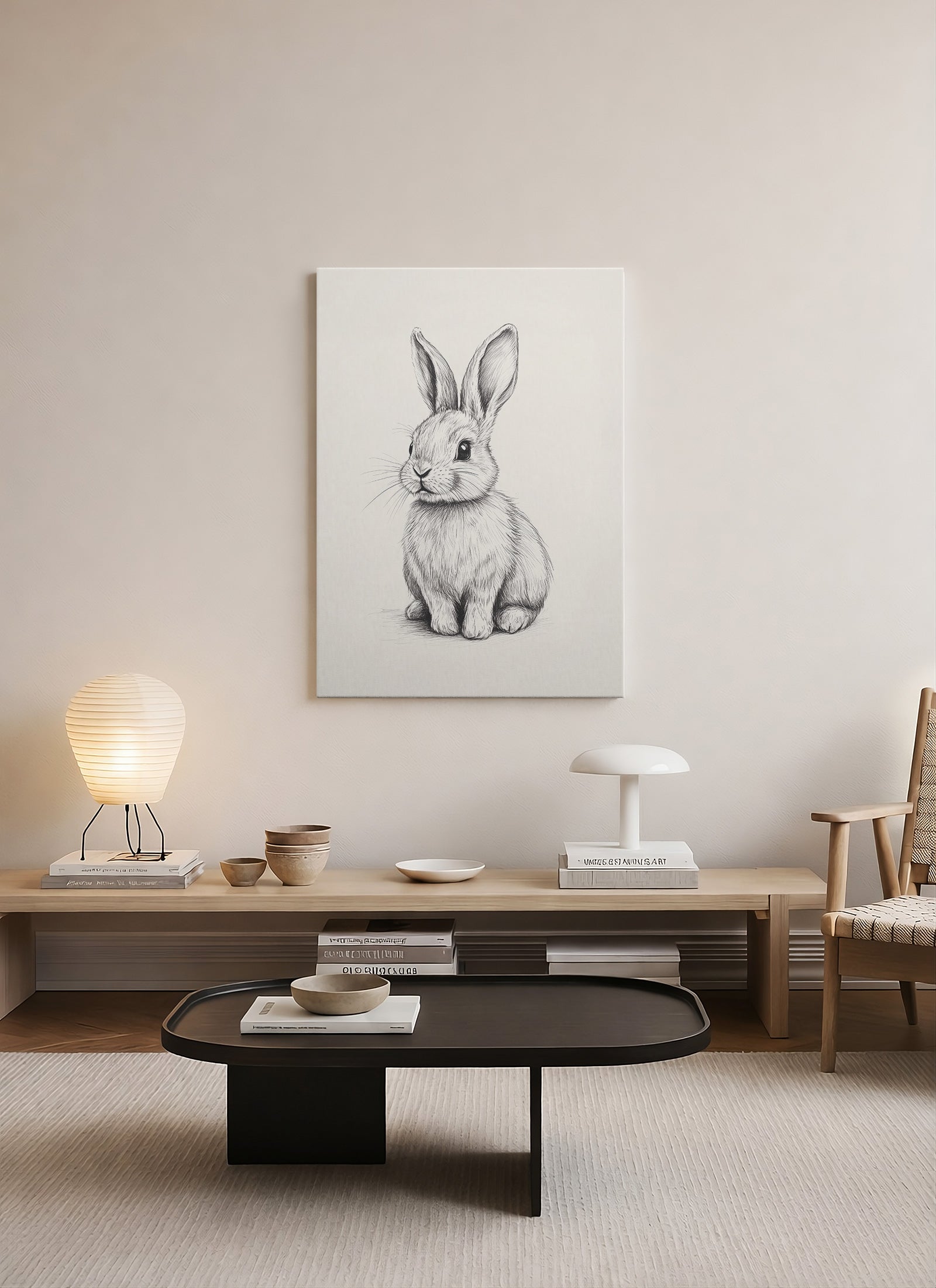 Minimal Tavşan Çizimi Siyah Beyaz Kanvas Tablo