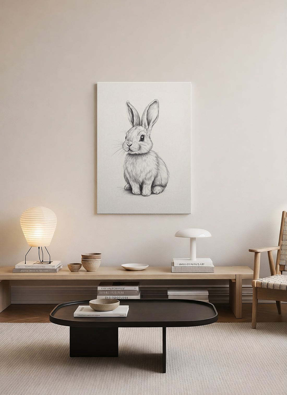 Minimal Tavşan Çizimi Siyah Beyaz Kanvas Tablo