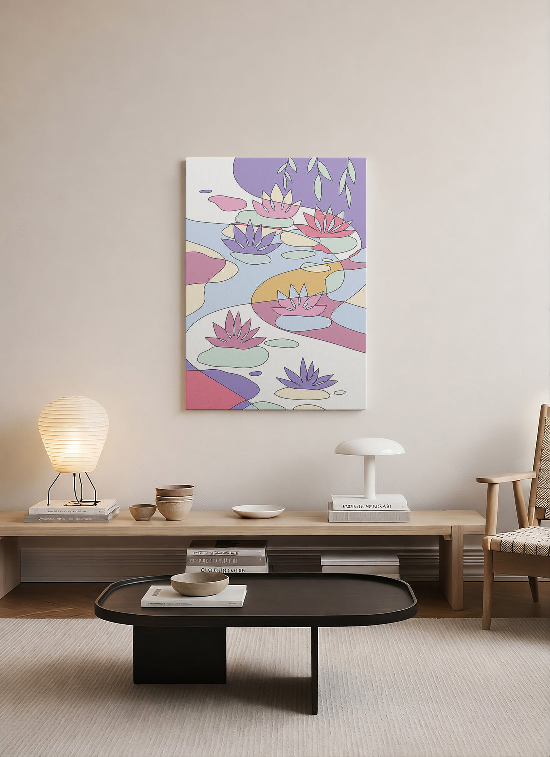 Pastel Nilüferler – Soyut Botanik Kanvas Tablo