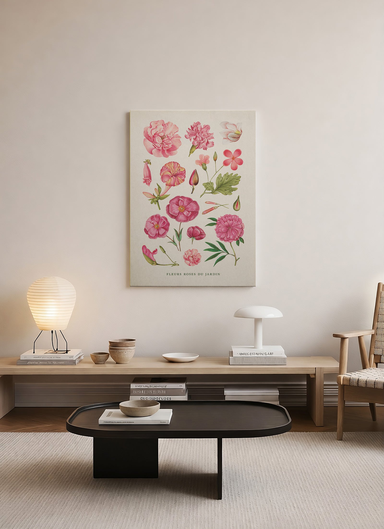 Pembe Bahçe Çiçekleri Kanvas Tablo | Vintage Botanik Çiçek İllüstrasyonu