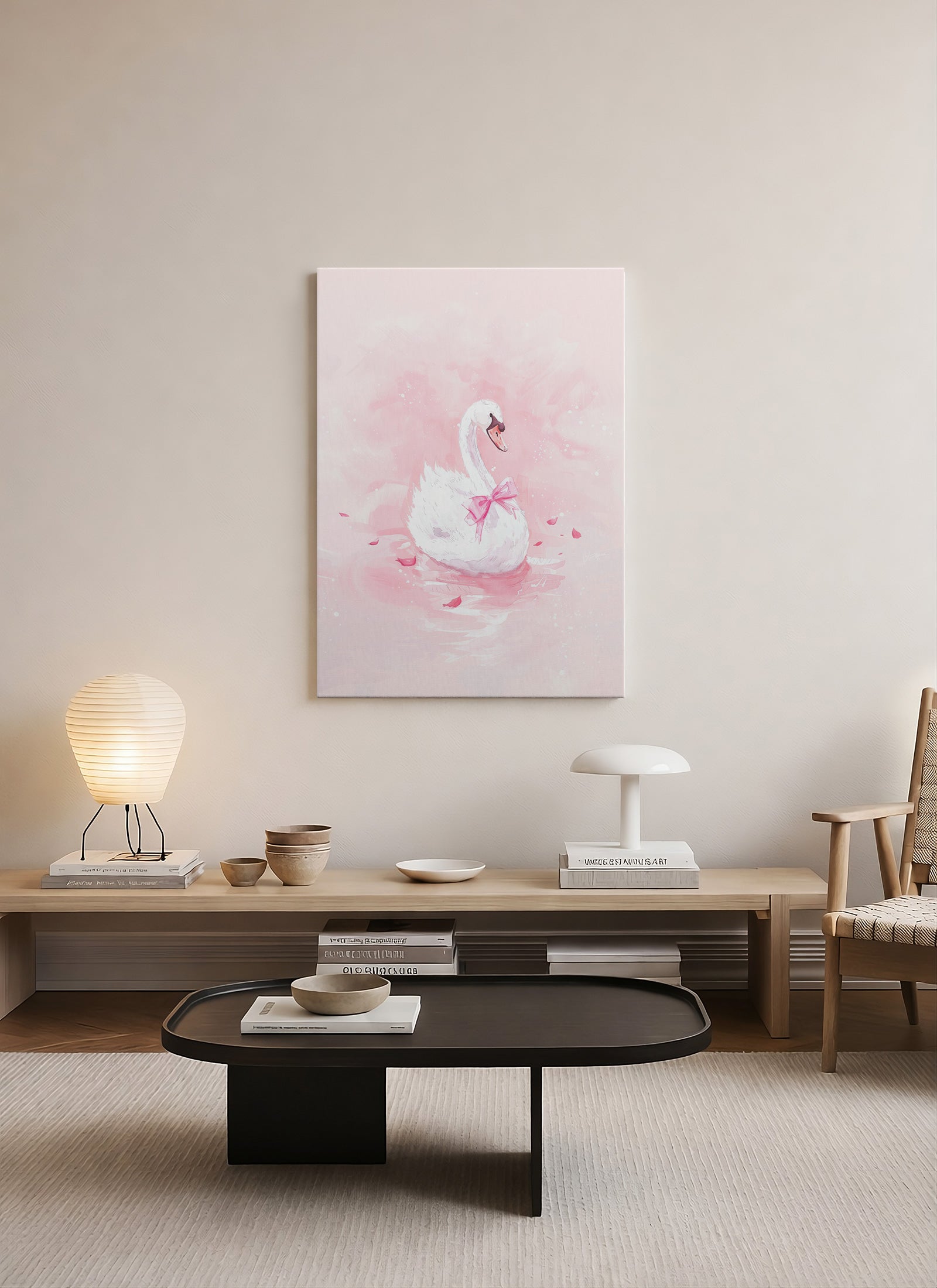 Pembe Fiyonklu Kuğu Kanvas Tablo