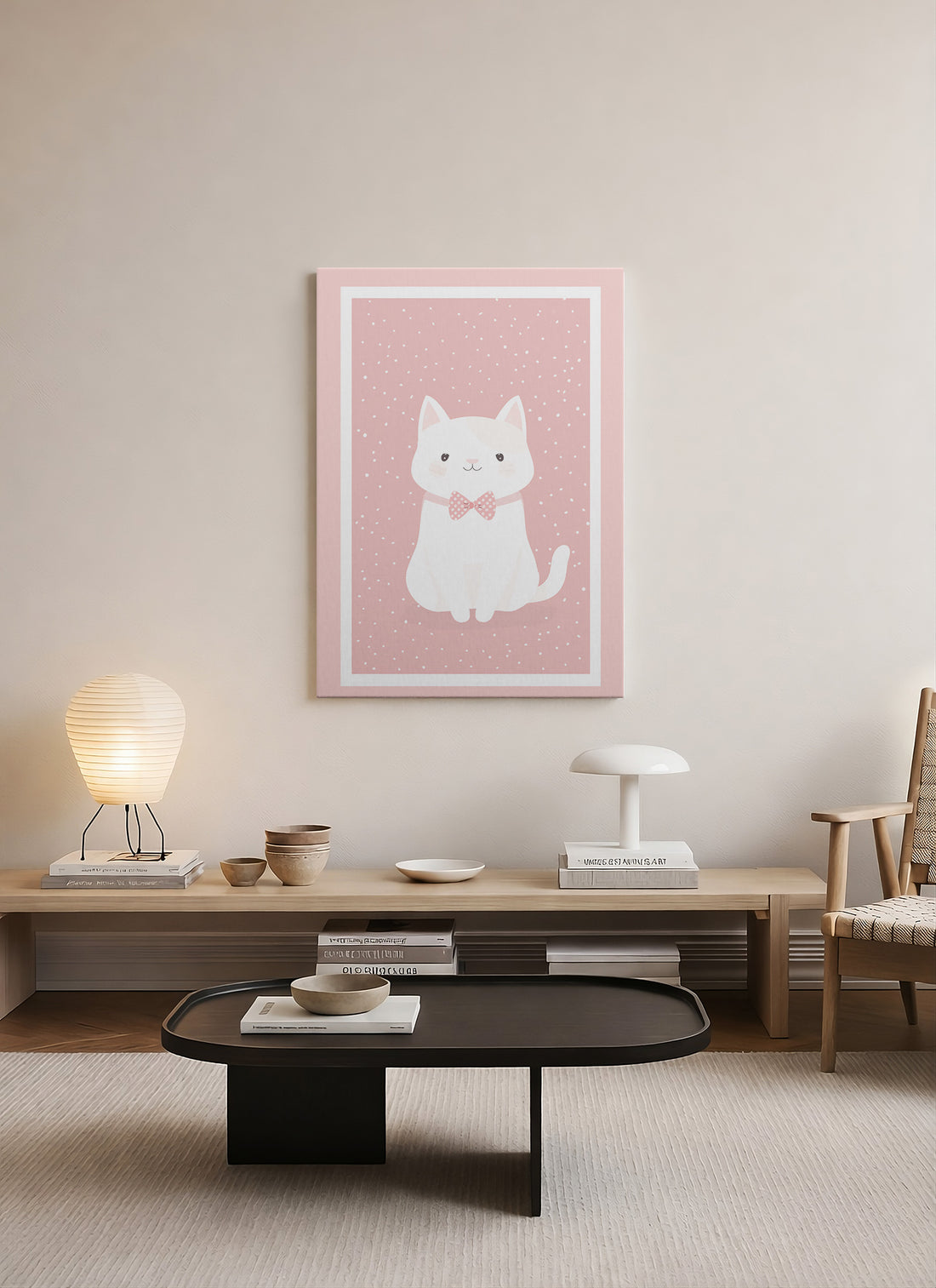 Pembe Fiyonklu Sevimli Kedi Çocuk Odası Kanvas Tablo