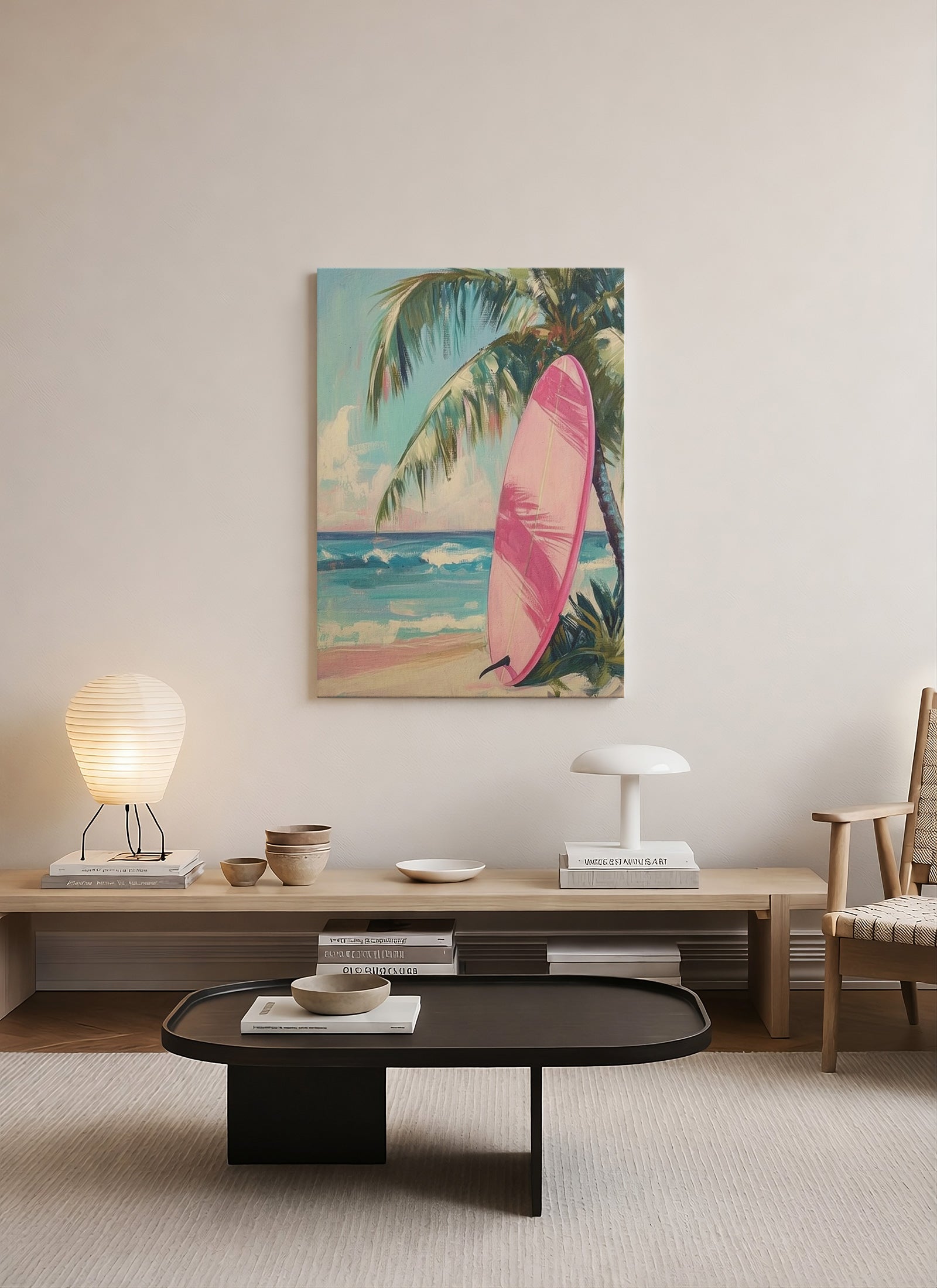 Pembe Sörf Tahtası – Tropikal Sahil Temalı Modern Kanvas Tablo
