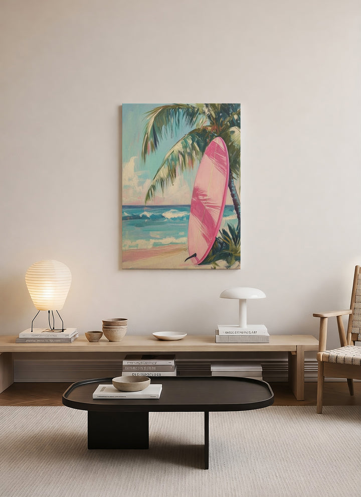 Pembe Sörf Tahtası – Tropikal Sahil Temalı Modern Kanvas Tablo