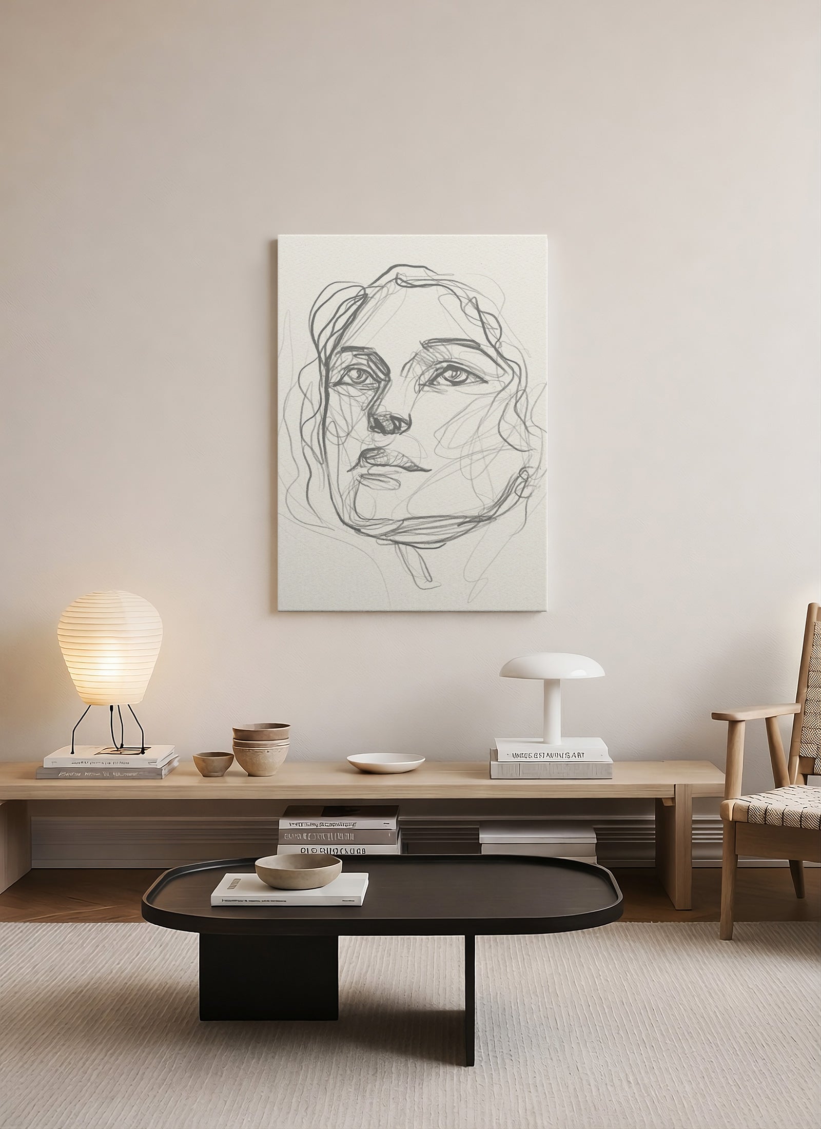 Sessiz Yüzleşme – Minimalist Soyut Çizgi Portre Kanvas Tablo
