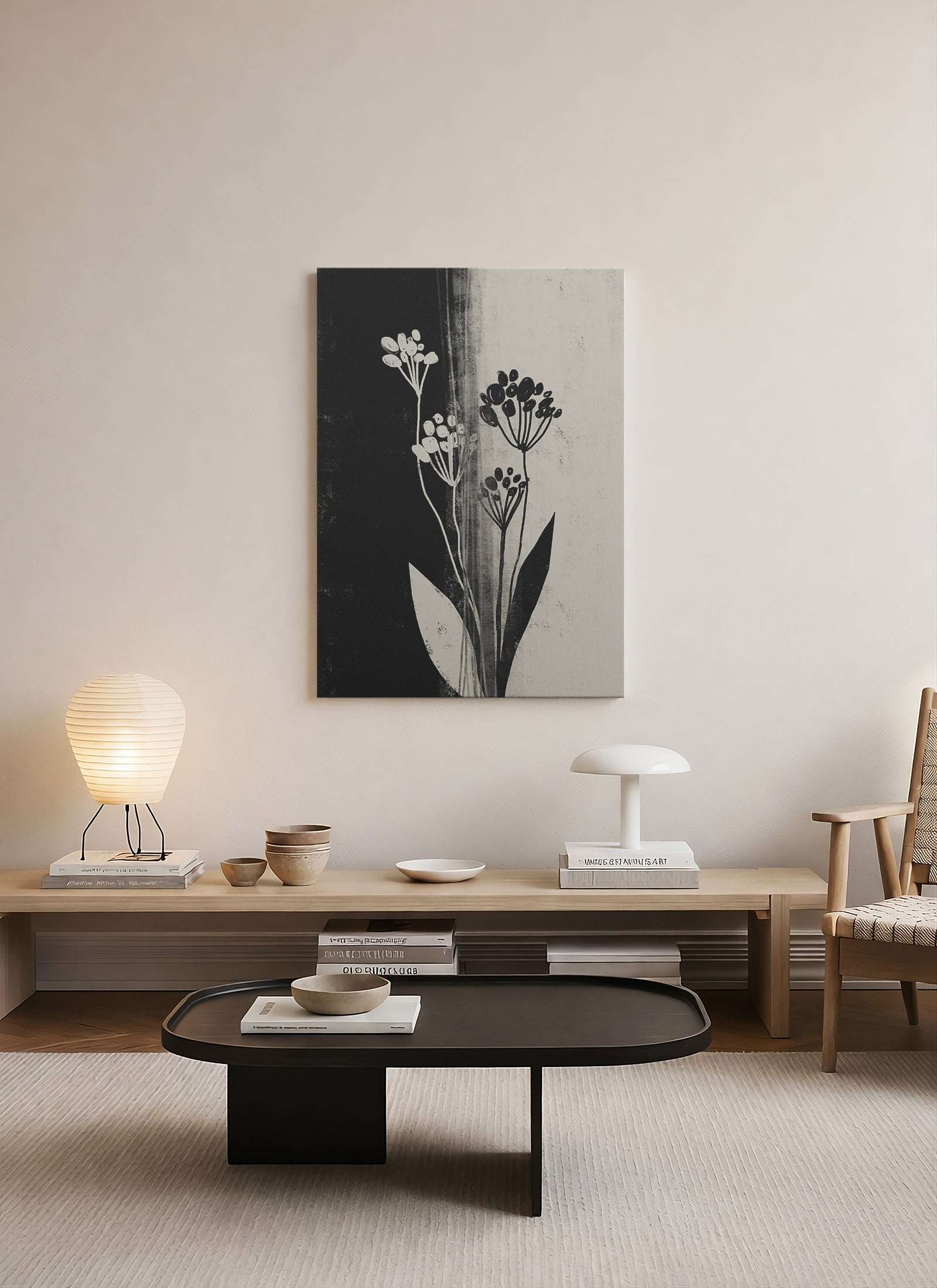 Siyah Beyaz Botanik – Minimal Çiçek Kanvas Tablo