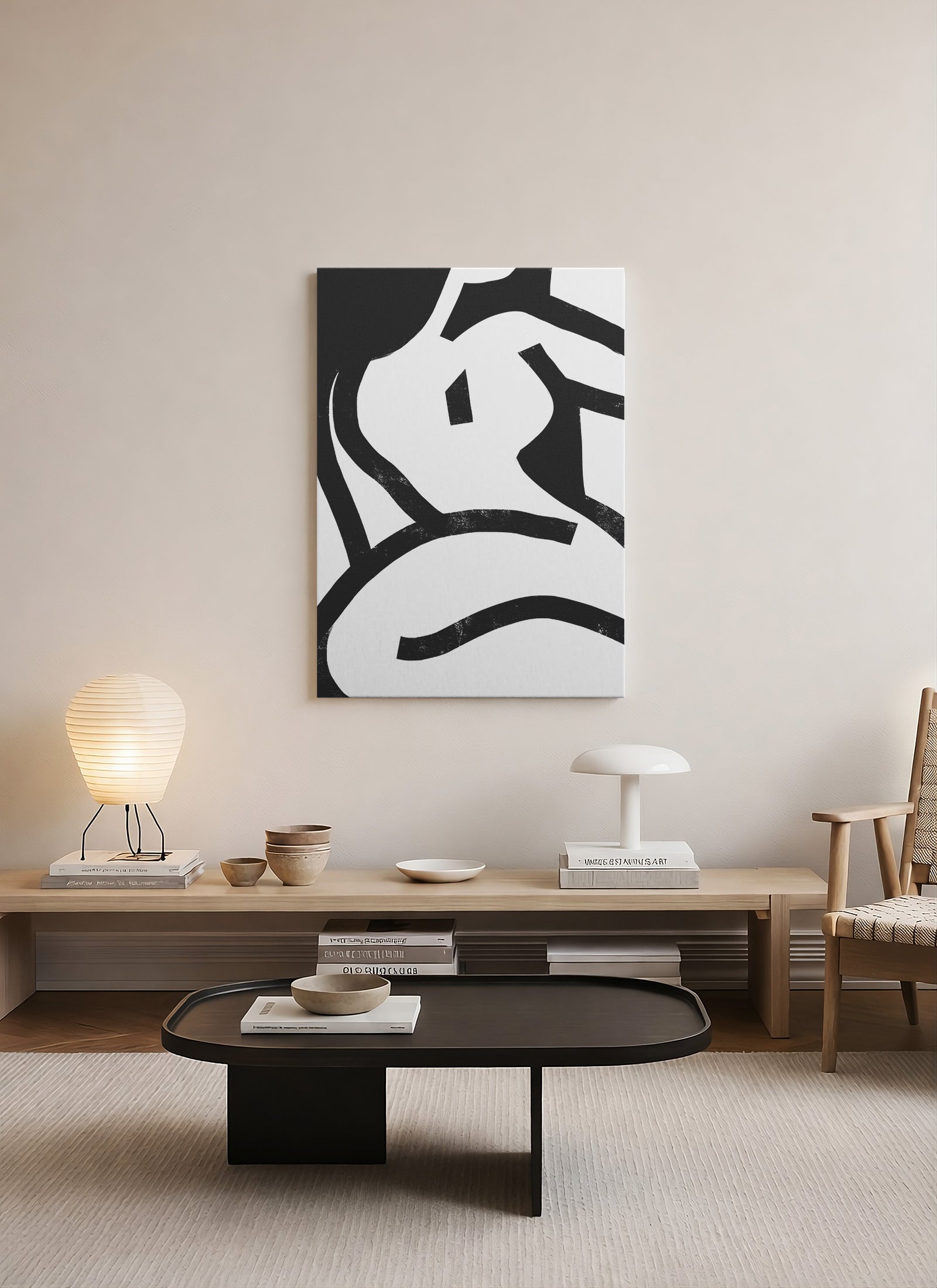 Soyut Akış – Siyah Beyaz Minimalist Kanvas Tablo