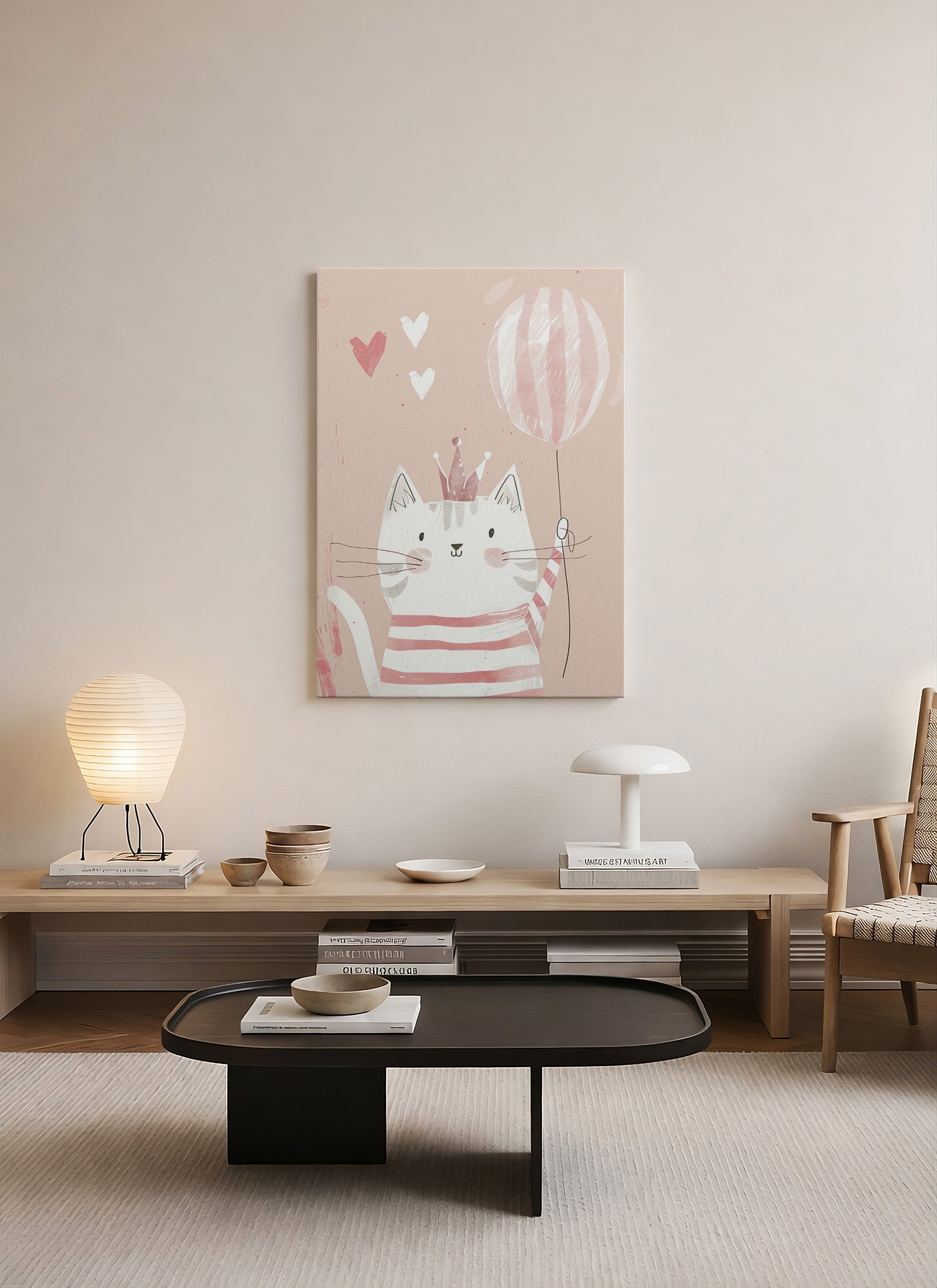 Taçlı Sevimli Kedi Kanvas Tablo – Pastel Çocuk Odası Duvar Dekoru