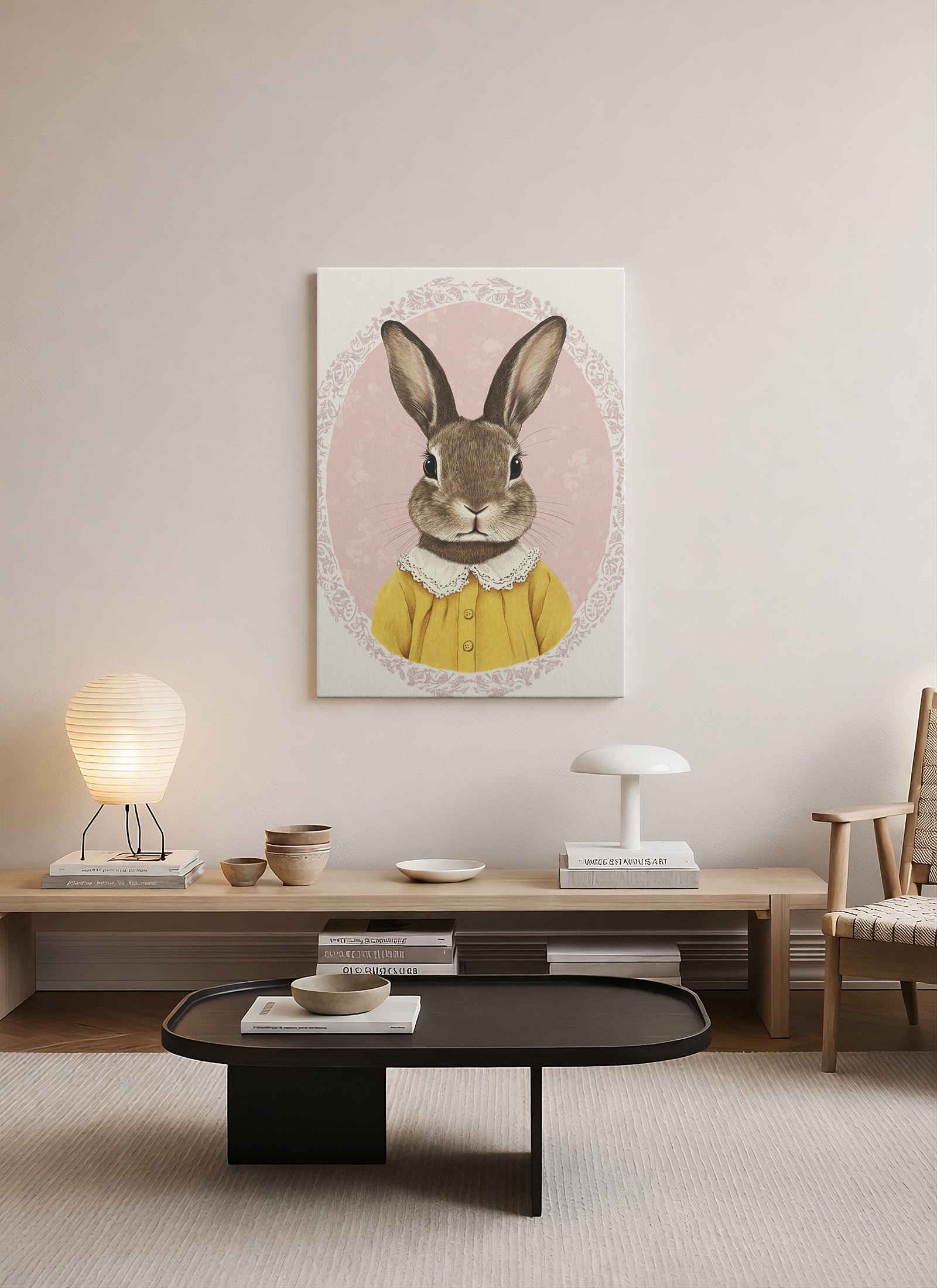 Vintage Tavşan Portresi – Pastel Zeminli Dekoratif Kanvas Tablo