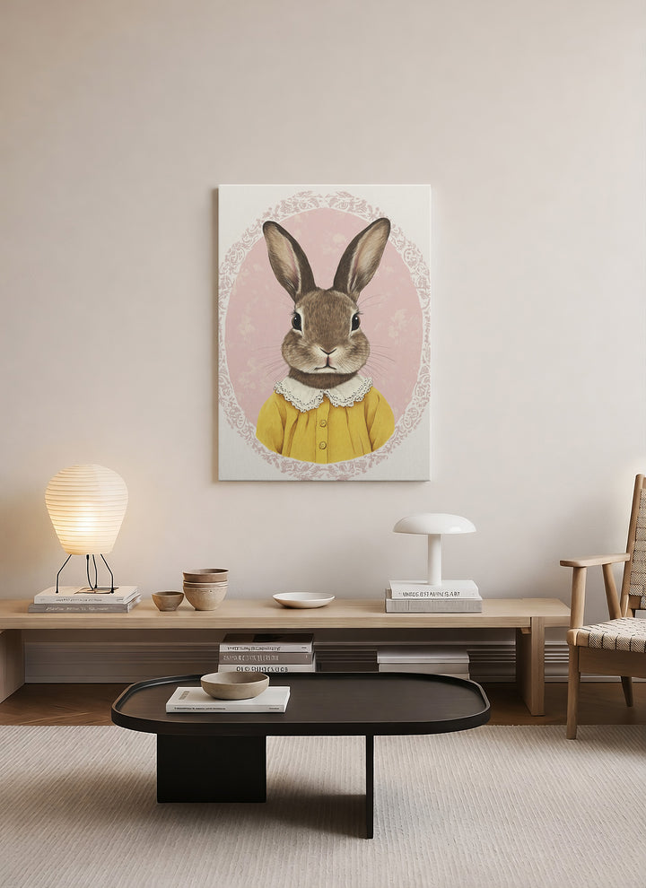Vintage Tavşan Portresi – Pastel Zeminli Dekoratif Kanvas Tablo